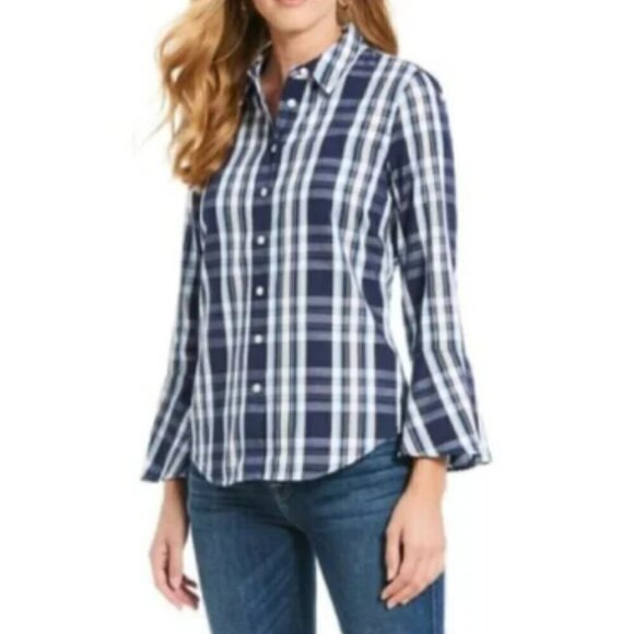Draper James Bell Plaid Bell Sleeve Button Up sz 4 - Picture 1 of 7